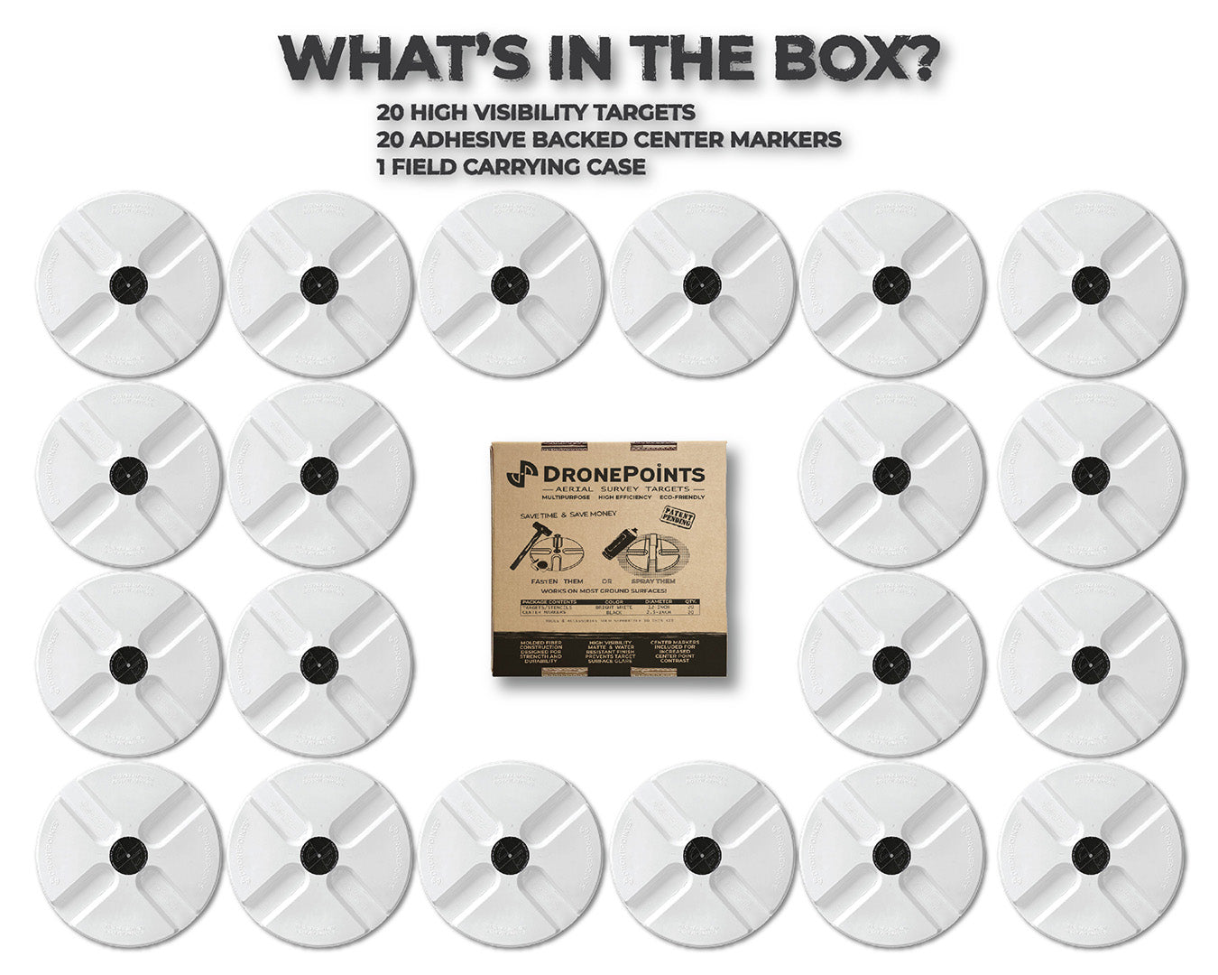 20 targets per box with field carrying case. Perfect for drone survey and mapping. Includes center markers for high accuracy. Cost-effective and eco-conscious solution for land surveyors.