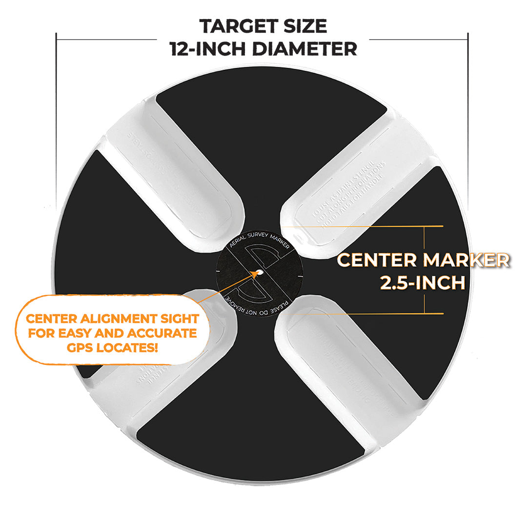 1 foot diameter black target. Ideal for drone ground control, photogrammetry, and mapping. High visibility and accurate, offering time savings and professional results.