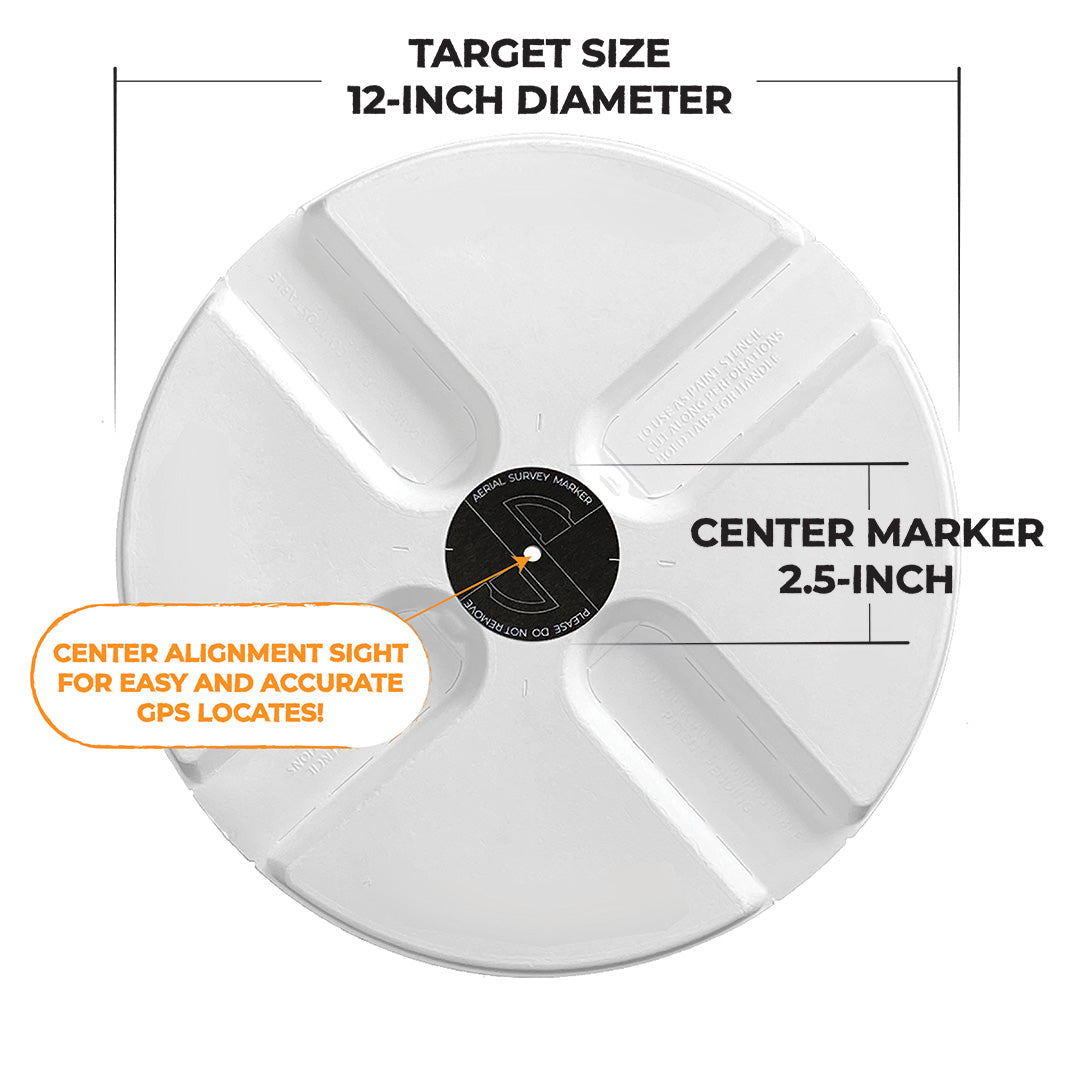 1 foot diameter black target. Ideal for drone ground control, photogrammetry, and mapping. High visibility and accurate, offering time savings and professional results.