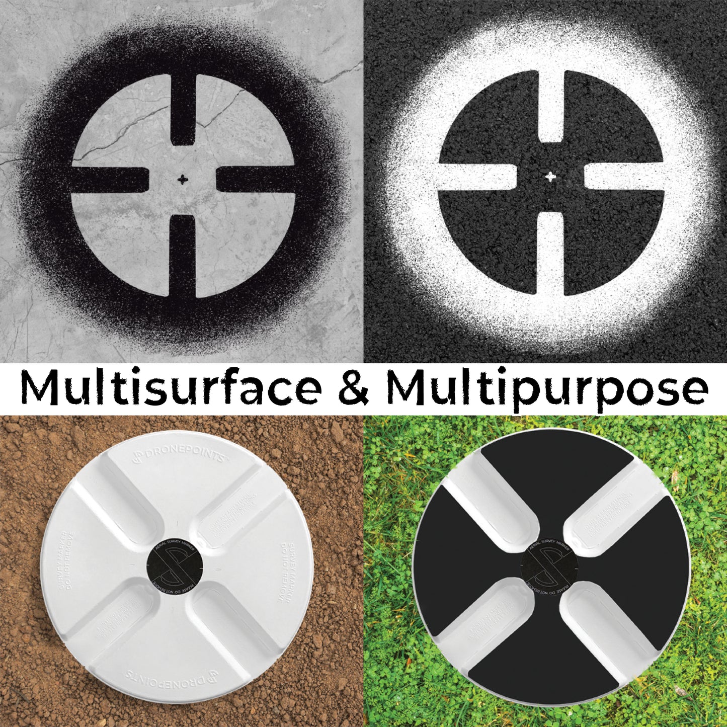 Multipurpose and multisurface targets for soil, concrete, and asphalt. Ideal for drone ground control, survey, and mapping. Cost savings, eco-conscious, and easy to use for professional aerial marking.