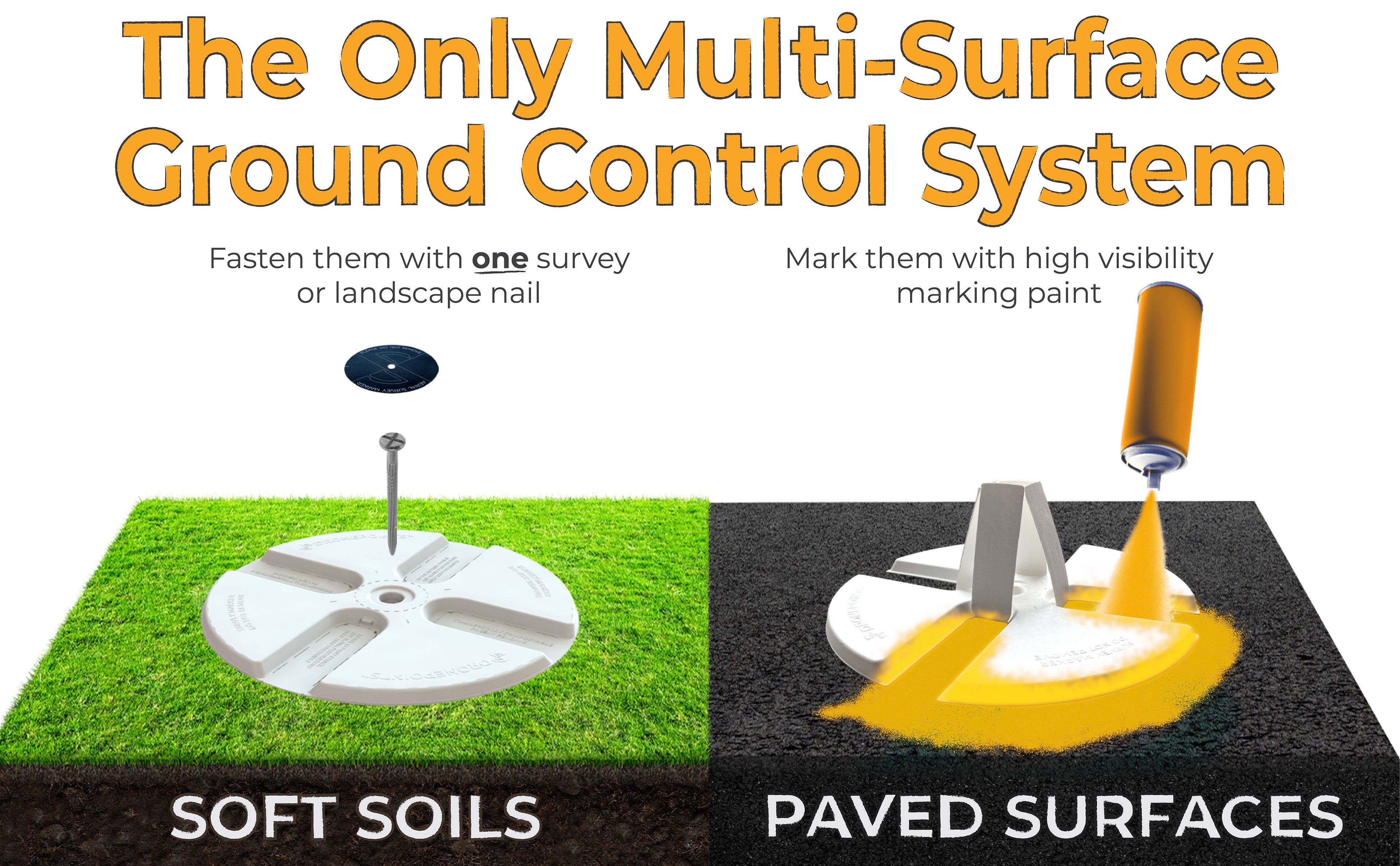 Versatile DronePoints used on soil and asphalt as targets and stencils. Perfect for professional aerial mapping and survey applications. Multipurpose targets for photogrammetry and lidar.